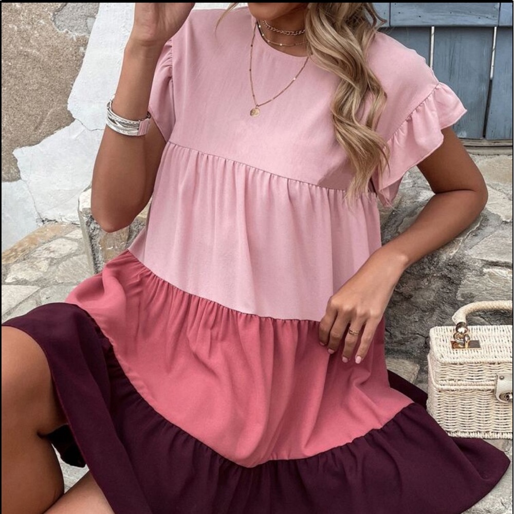Boho Color Block Flounce Sleeve Dress - Picture 4 of 7